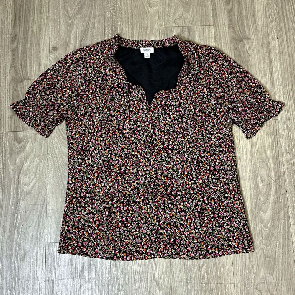 J.CREW  Women's Top Black Multicolor Floral V-Neck Short Sleeve XS
